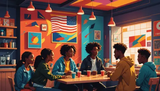 Editorial illustration showing people pointing at a glowing notice labeled 'flag urban dictionary' concept