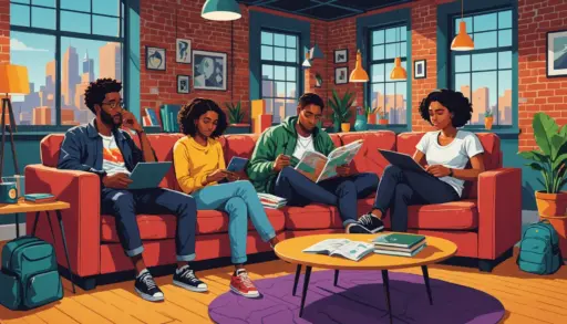Editorial illustration showing young people on a couch, highlighting couch meaning slang