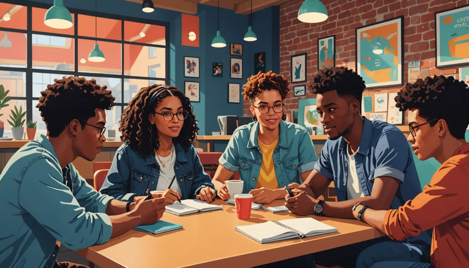 Editorial illustration of people using brass tacks slang in conversation, showing the phrase's direct, to-the-point vibe