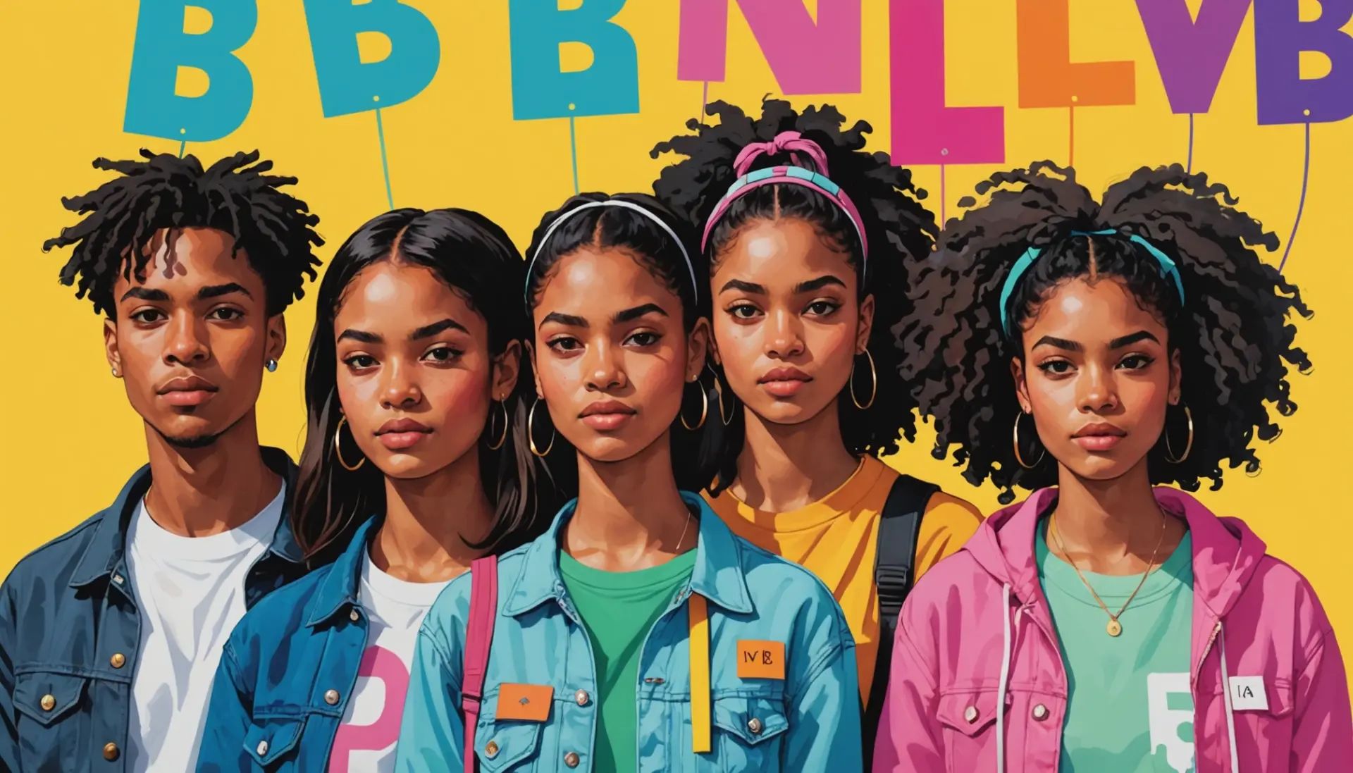 Editorial illustration showing people labeled with tags including type d slang in a colorful street-art style