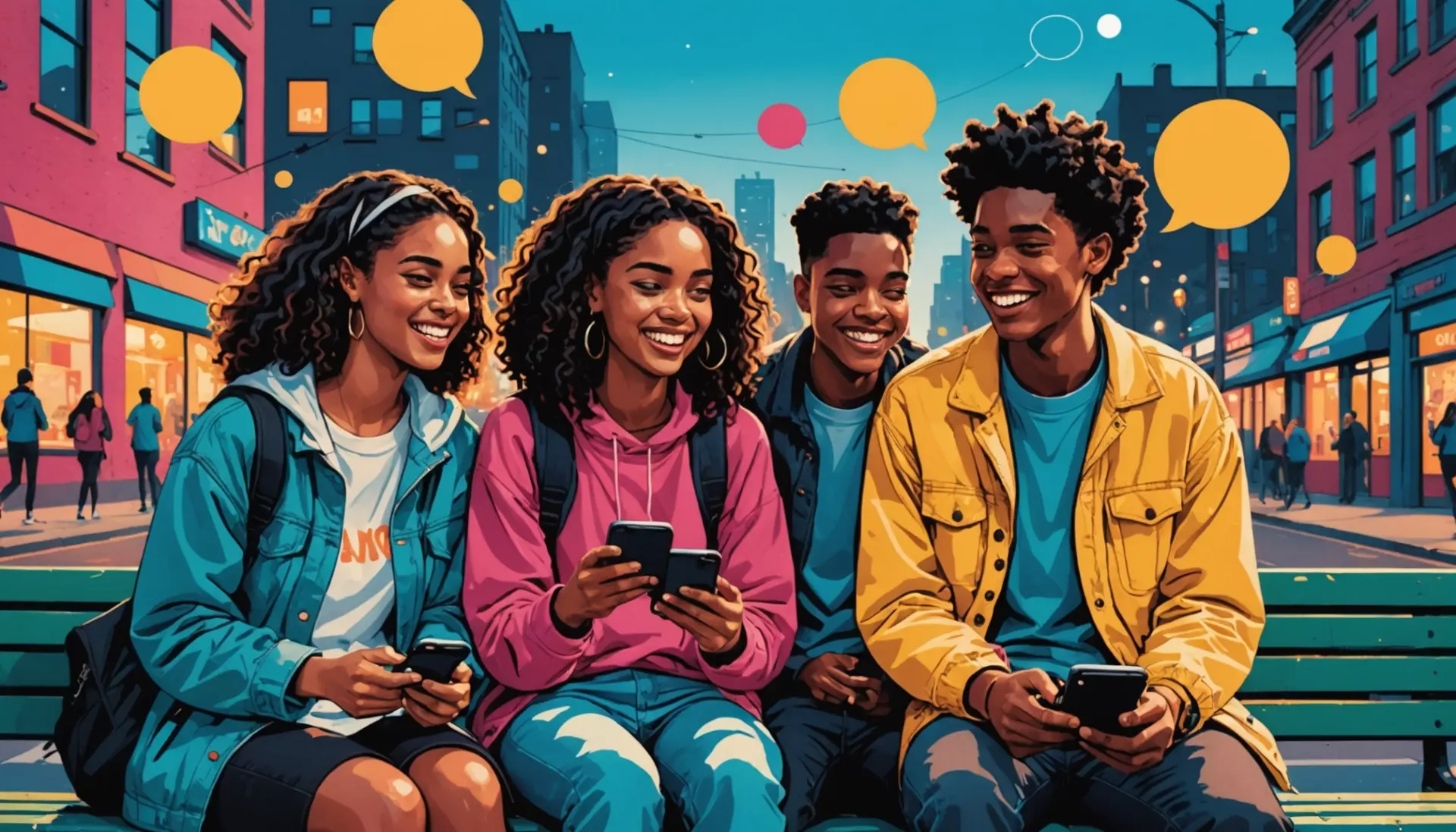 Editorial illustration of people texting about dsl slang meaning with city background