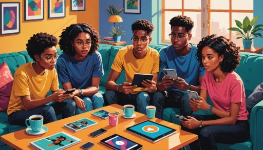 Editorial illustration showing people reacting to 'catching print urban dictionary' moments on phones and newspapers