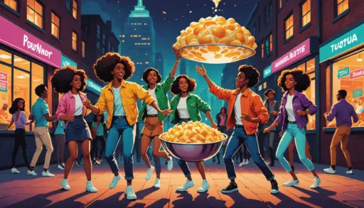 Editorial illustration showing people dancing and a bowl of mashed potatoes, representing mashed potato meaning slang