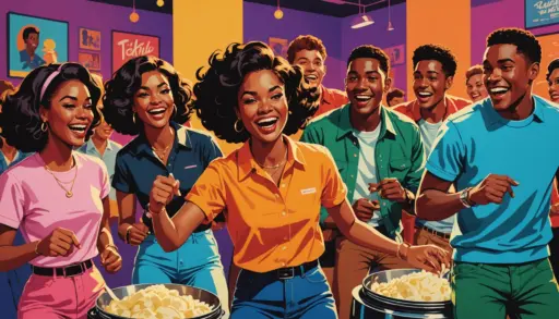 Editorial illustration of people doing the Mashed Potato dance with neon lights, caption referencing mashed potato slang