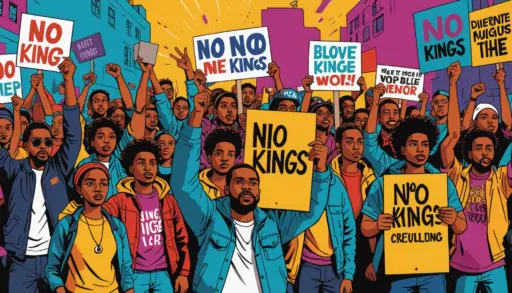 Editorial illustration showing protest signs reading 'no kings' and crowds, what does no kings mean protest