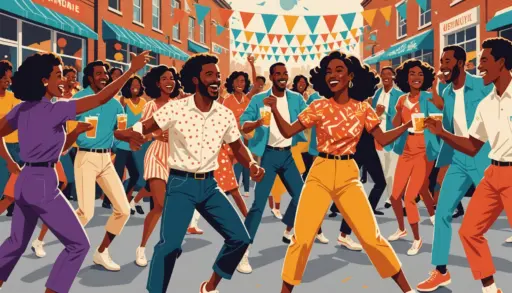 Editorial illustration showing dancers and party scene with caption vibe, mashed potato slang meaning