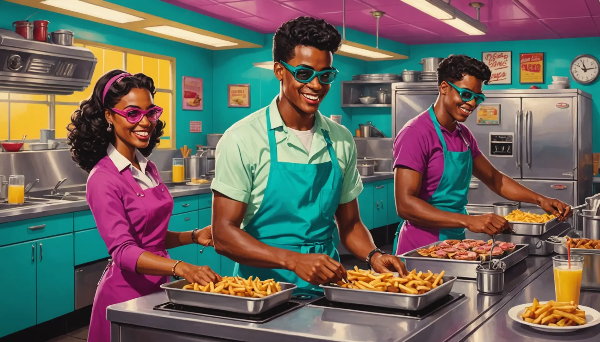 Editorial illustration of diverse people working in a diner with neon lights, caption concept for fry cook meaning slang