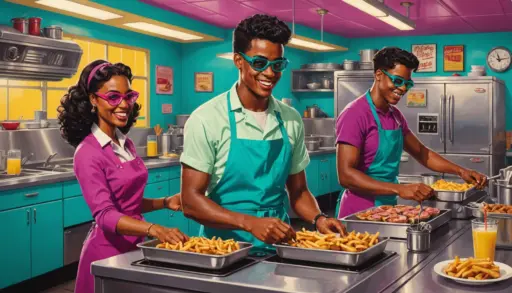 Editorial illustration of diverse people working in a diner with neon lights, caption concept for fry cook meaning slang