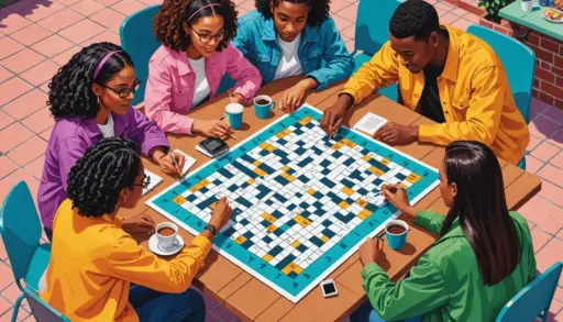 Editorial illustration of people solving a crossword with the phrase clothes in slang crossword clue highlighted