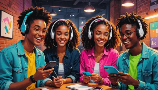 Editorial illustration of young people using 'spit slang' while listening to hip hop