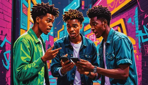 Editorial illustration of two people arguing over an Urban Dictionary entry with the phrase urban dictionary larp in the scene