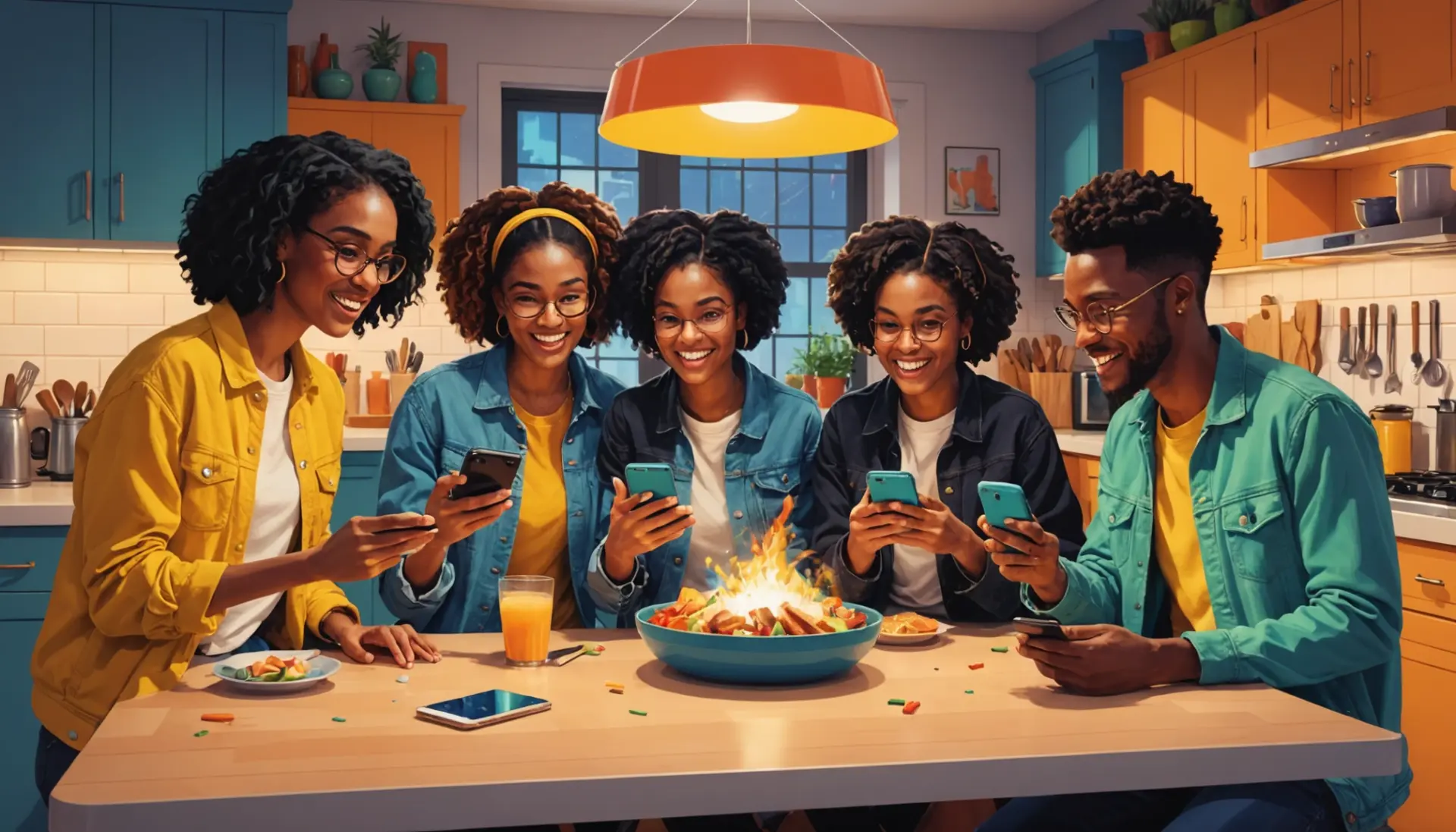 Editorial illustration showing people around a table with phones and a floating invitation, what does evite mean