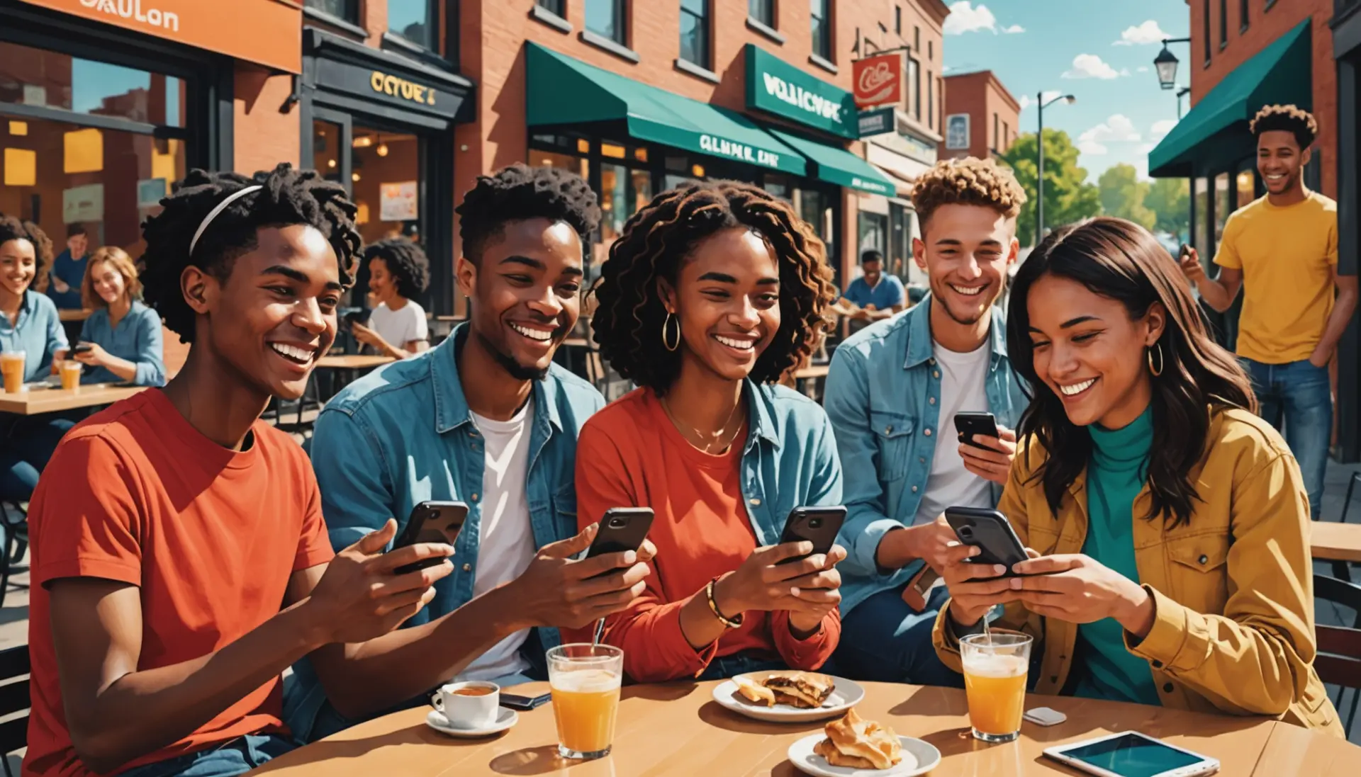A vibrant editorial illustration representing 'oh for sure in slang' with friends chatting and texting, showing casual agreement and smiles