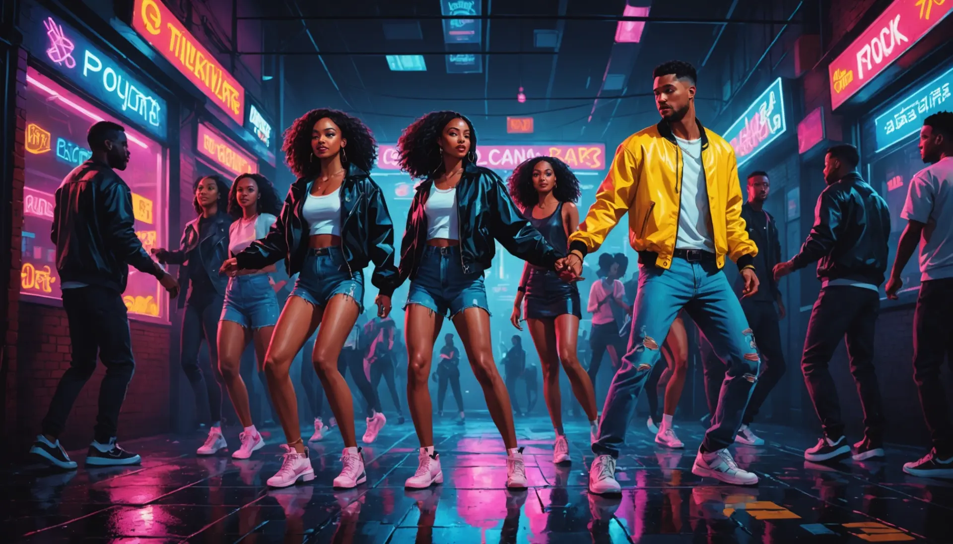 Editorial illustration showing a lively club scene with dancers, neon lights, and the phrase back shots slang meaning implied by body language