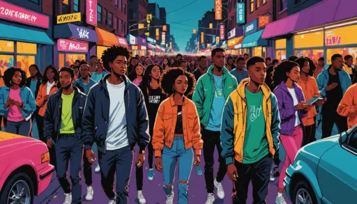 Editorial illustration showing people pulling up to a party, captioned scene representing pull up meaning slang