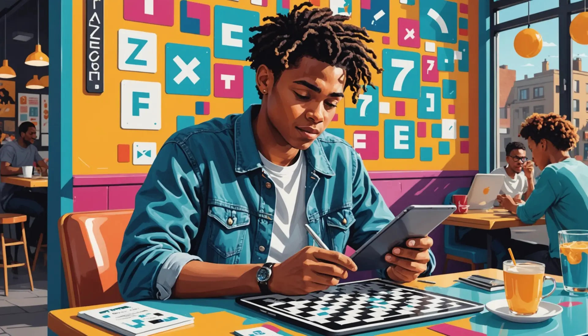 Editorial illustration showing a person solving a crossword with the phrase 'throw in slang crossword clue' in mind