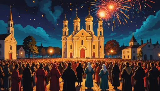 Illustration showing people celebrating with candles and red eggs, related to what does orthodox easter mean