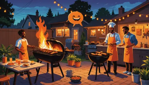 Editorial illustration representing spitroast urban dictionary definition with contrasting barbecue and slang imagery