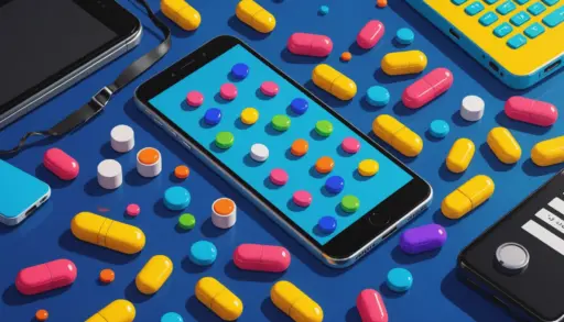 Editorial illustration of colorful pills and street signs with the phrase blue drug slang concept