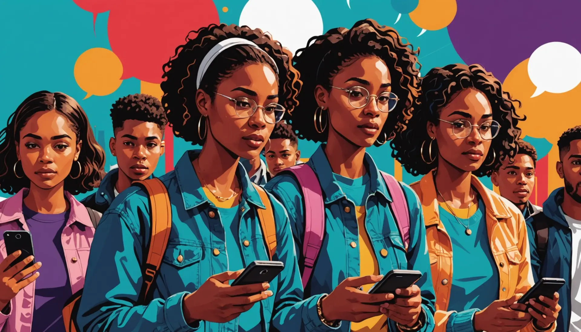 Editorial illustration showing people asking 'when and where' in slang nyt style on phones and street posters