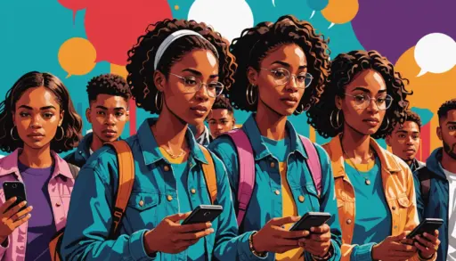 Editorial illustration showing people asking 'when and where' in slang nyt style on phones and street posters